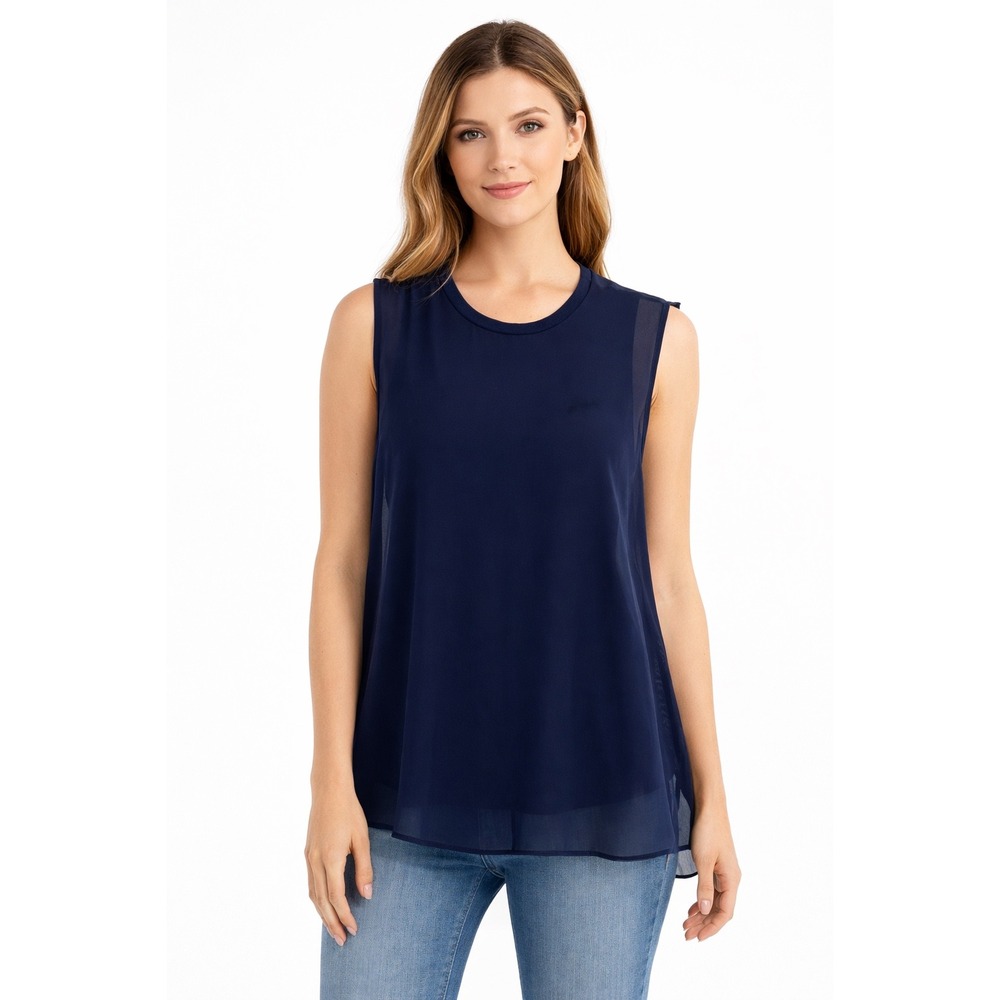 Tahari‎ Womens Navy Blue Sheer Layered Sleeveless Blouse Split Back Top S